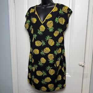 Pineapple Dress Womens Medium Yellow Black Coverup Short Sleeve Summer Beach